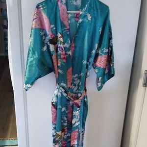 BABEYOND Teal Floral Satin Kimono Robe with Pink Accents